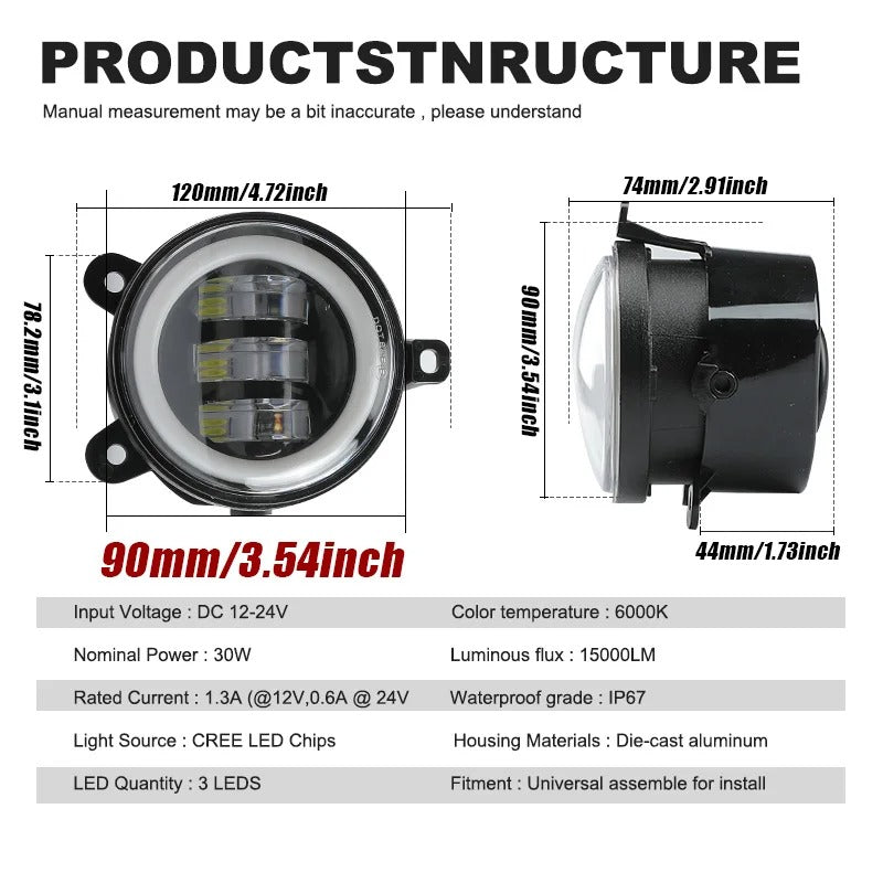 Coppia 2 Fendinebbia Led Angel Eye Per Tutte Le Auto A 3 Fori Di Fissaggio